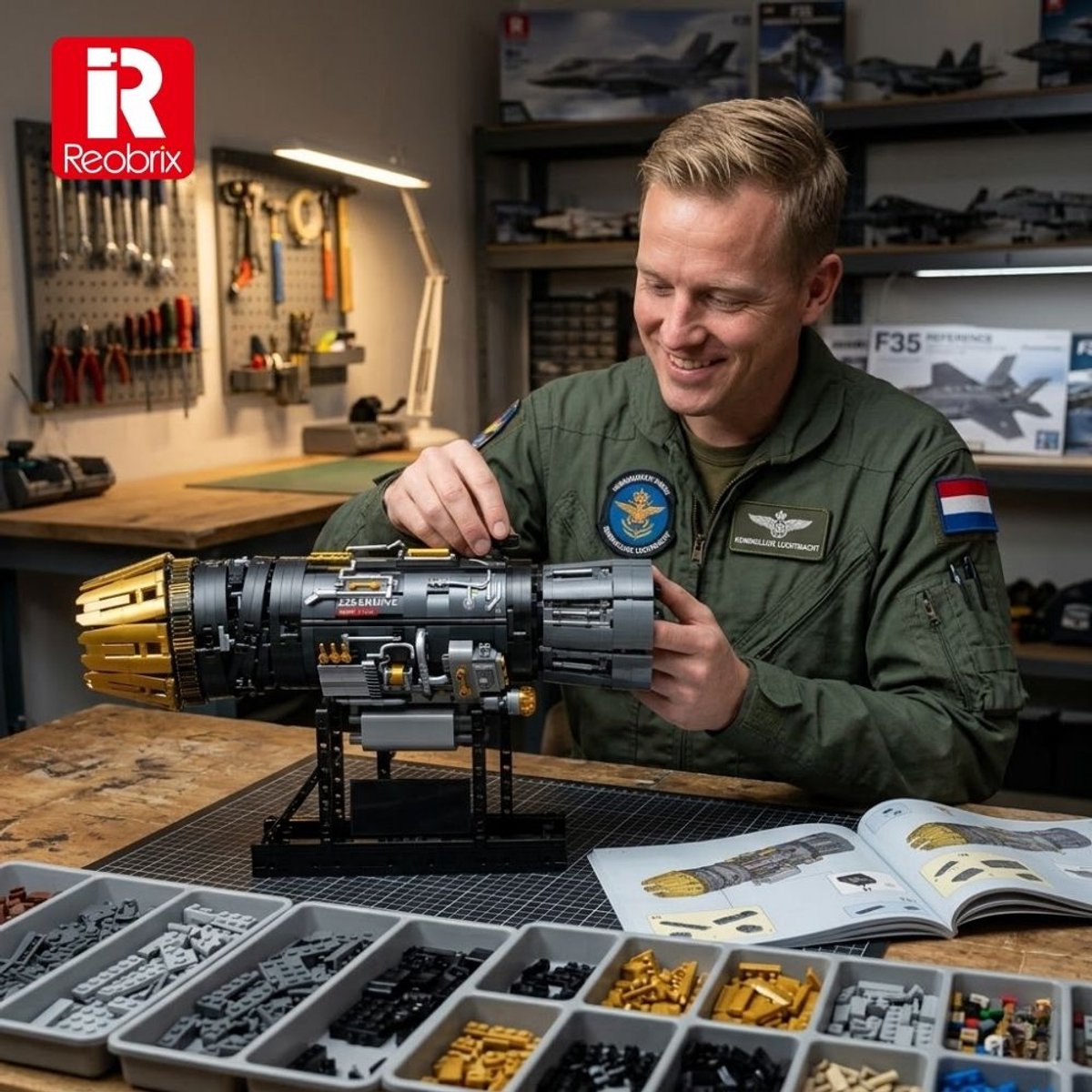 Reobrix 33014 F35 Straaljager vliegtuig motor bouwset | Speed engine icons modelbouw | Creator speelgoed ideas voor expert volwassenen & kinderen | Champions builders edition | Accu niet geschikt voor Lego technic | Bouwdoos met 1812 bouwstenen — afbeelding 5