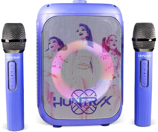 Paarse karaoke-speaker met twee bijpassende draadloze microfoons met Huntr/x-logo.
