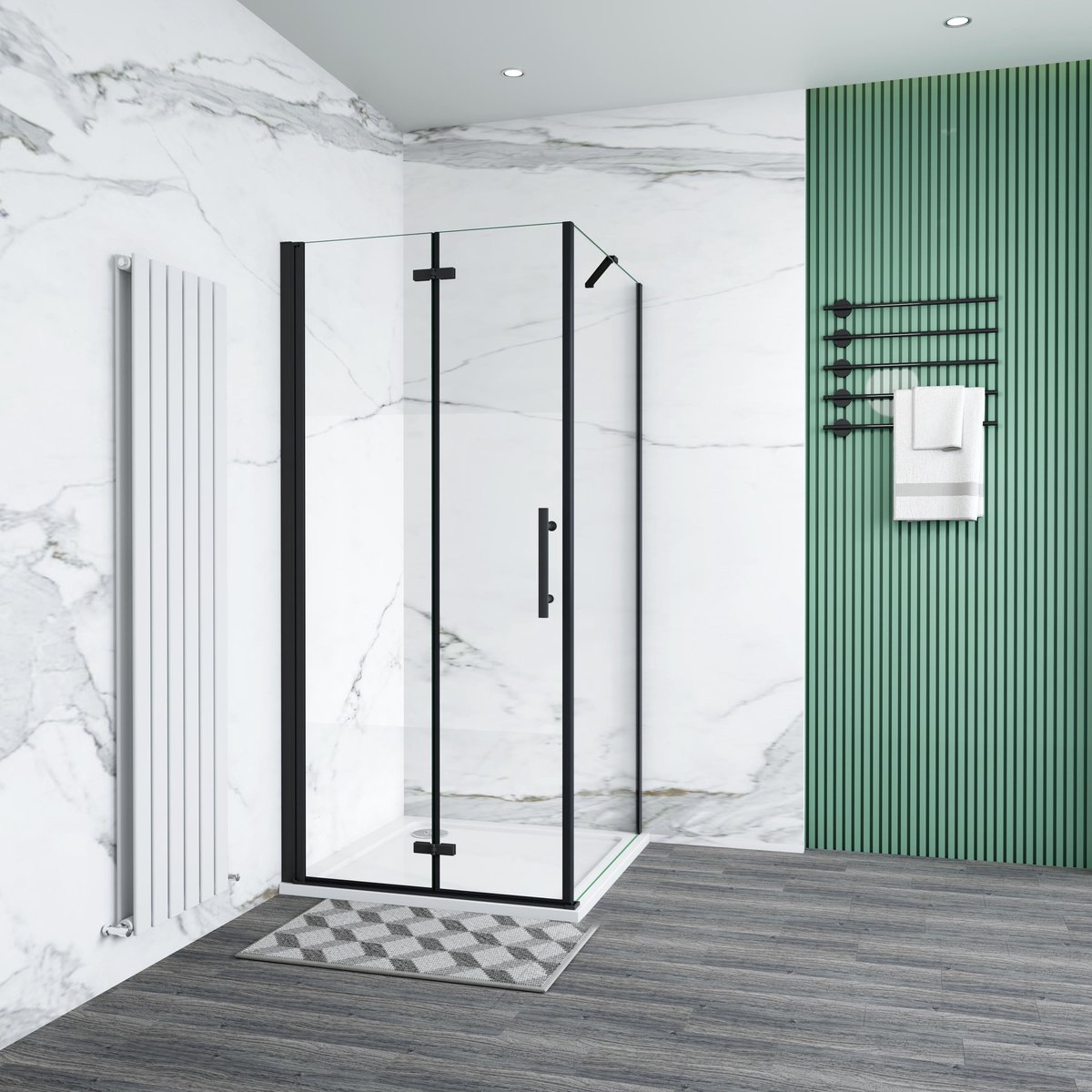 Aica douchecabine 110x76x185cm vouwdeur en vaste zijwand 6mm helder EasyClean veiligheidsglas mat zwarte aluminium frame stabilisatiestang 50 cm incl. douchebak