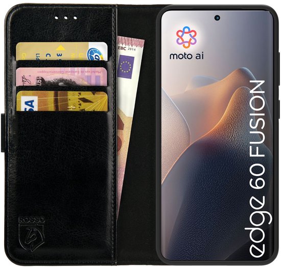 Zwarte portefeuille telefoonhoes geopend, met 3 vakjes voor pasjes en bankbiljetten, en een telefoon.