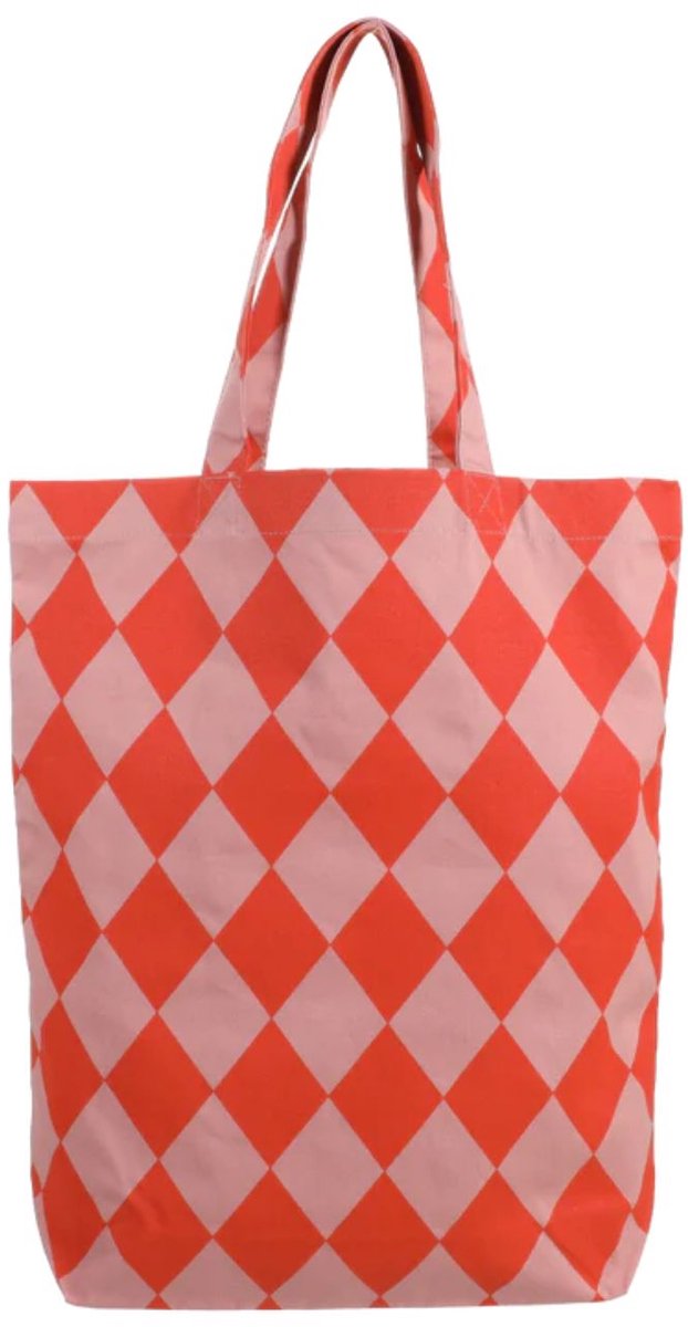 Katoen schoudertas / shopper lichtroze met oranje ruit