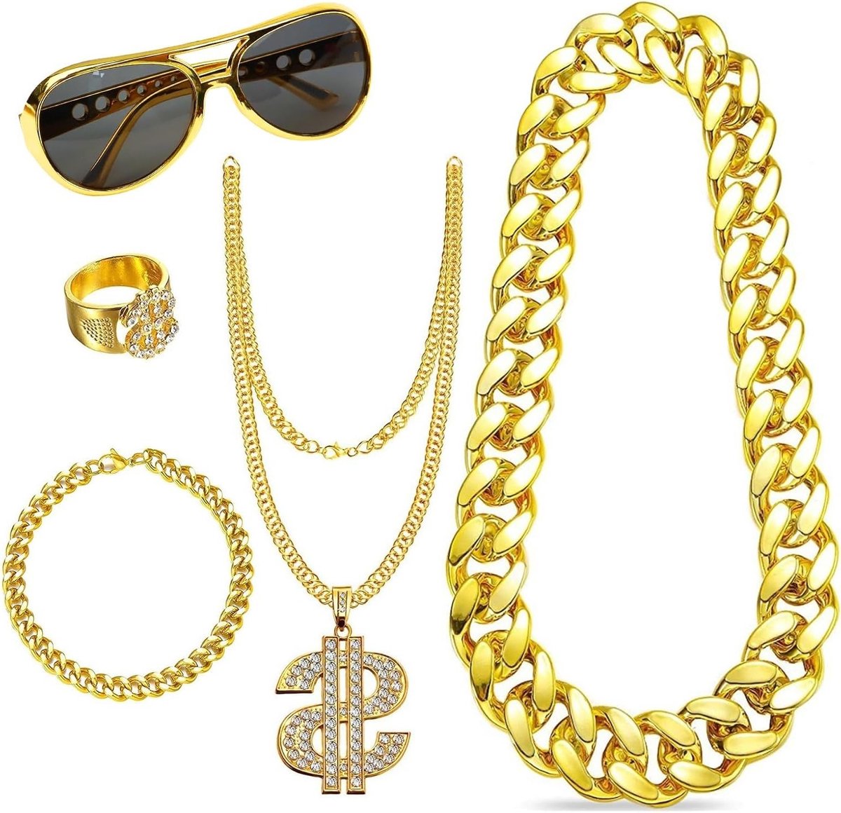 Complete Hip Hop Kostuum Set voor Mannen, 80s en 90s Rapper Accessoires, 5-Delige Gangster Outfit met Ketting, Dollar Hanger, Ringen, Armbanden en Zonnebril