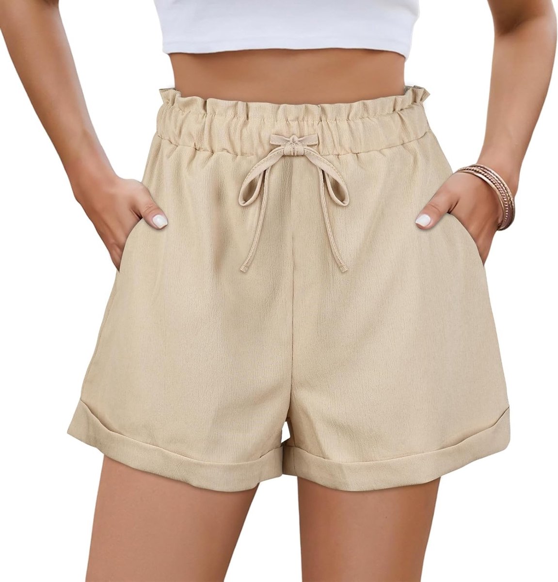 Luchtige Dames Shorts met Hoge Taille en Elastische Tailleband voor Zomer, Ideaal voor Strand en Vrije Tijd, Kaki, L