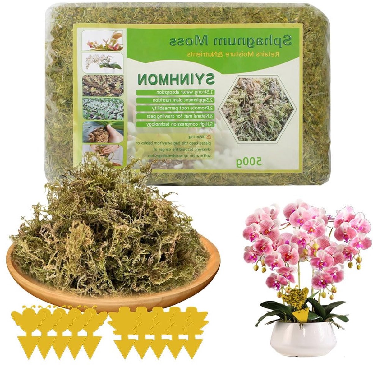 500g Sphagnum Mos voor Planten met 10 Gele Stickers tegen Fungusgnats, Verhoog de Luchtvochtigheid voor Orchideeën en Tropische Planten