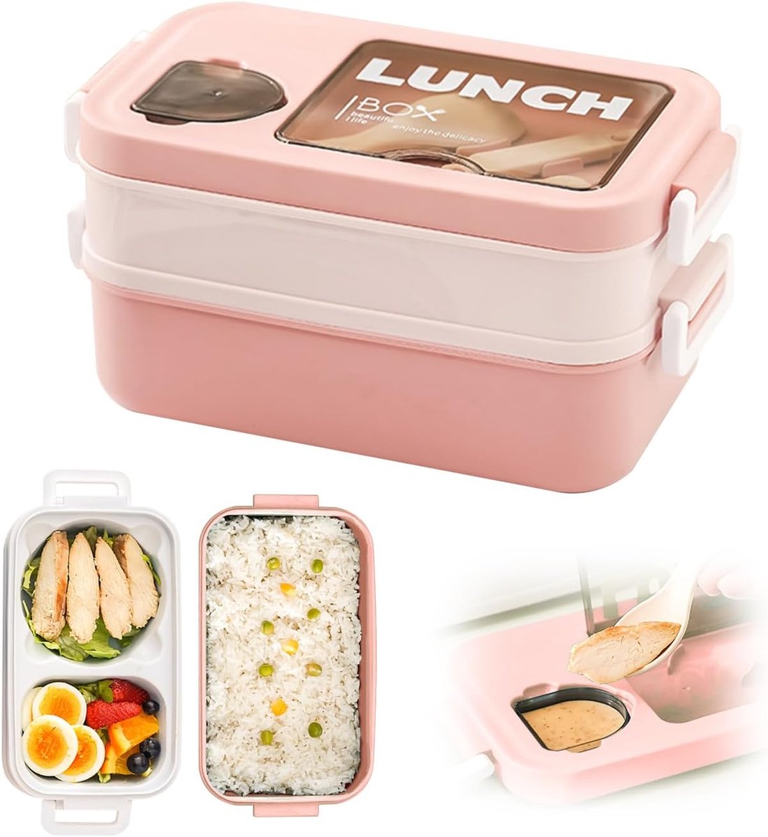 VHV-Lunch Box met 2 Lagen - Lekvrije Broodtrommel met Bestek en Sausbakjes - Grote Lunchbox voor Volwassenen en Kinderen - Magnetronbestendige Lunchtrommel voor School, Kantoor en Reizen - 1400ml - Roze