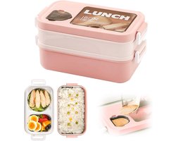 VHV-Lunch Box met 2 Lagen - Lekvrije Broodtrommel met Bestek en Sausbakjes - Grote Lunchbox voor Volwassenen en Kinderen - Magnetronbestendige Lunchtrommel voor School, Kantoor en Reizen - 1400ml - Roze