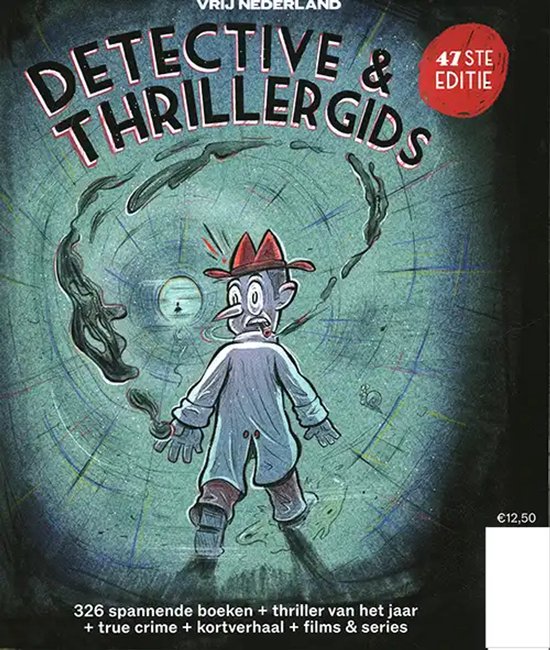 Detective & Thrillergids 47e editie met cartoon van een detective met rode hoed en jas, omringd door rook. €12,50.