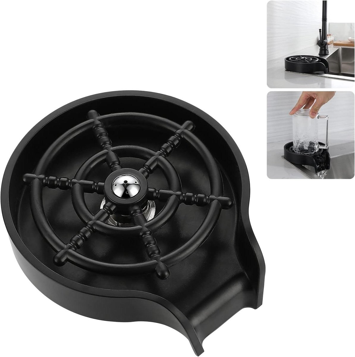 Glazenspoeler Gootsteen - Bekerreiniger Kraan - Snel Glazen Wassen - 360 Graden Reiniging - 15 cm - Zwart