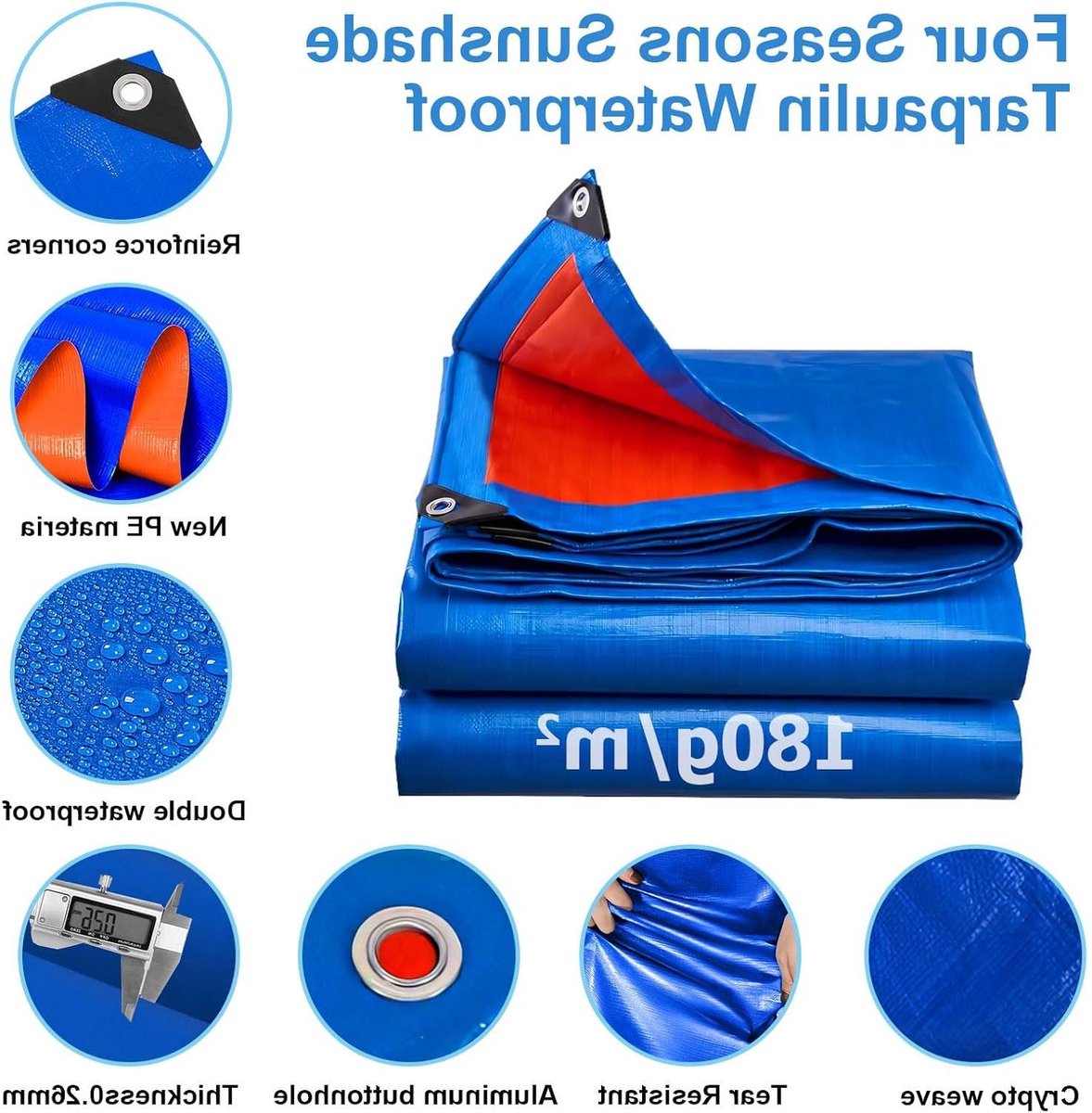 Dekzeil Waterdicht - Beschermhoes Zeil - Spullen Beschermen - Zwaar Belastbaar 180g/m² - 2x4 Meter - Blauw Oranje