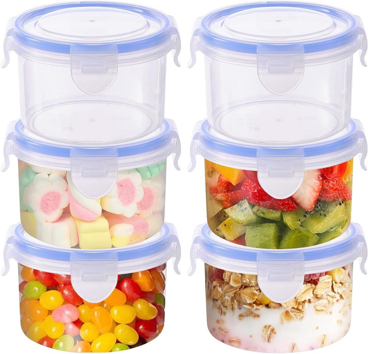 Set van 6 luchtdichte kleine voedselcontainers van 300 ml, herbruikbaar, plastic deksel, veilig voor magnetron en koelkast, ideaal voor voedselopslag en versheid