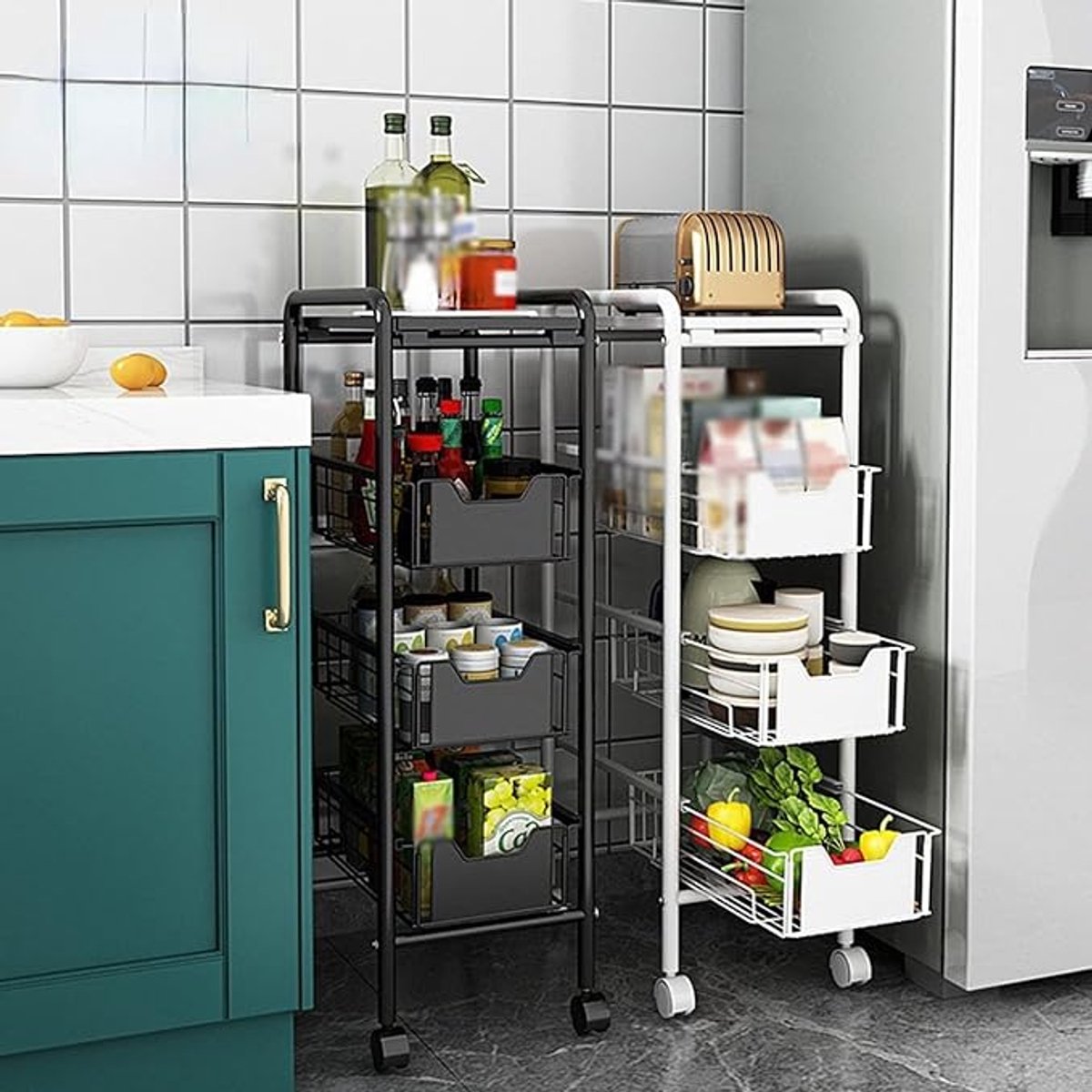 Keuken Opbergtrolley met Wielen – 5-Lagen Kruidenrek & Multifunctioneel Organizer Rek van Carbon Staal, Rollende Keukenwagen voor Kruiden, Fruit, Groenten, Badkamer & Kantoor – Zwart/Wit