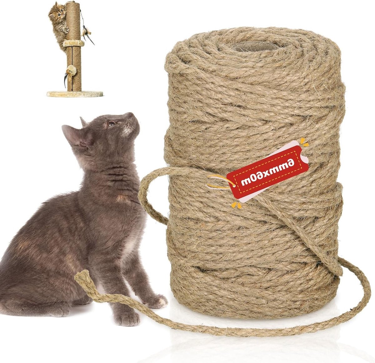60m Sisal Touw voor Kattenkrabpaal, Dikke Jute Touw van 6mm voor Vervanging en DIY Projecten voor Krabpalen