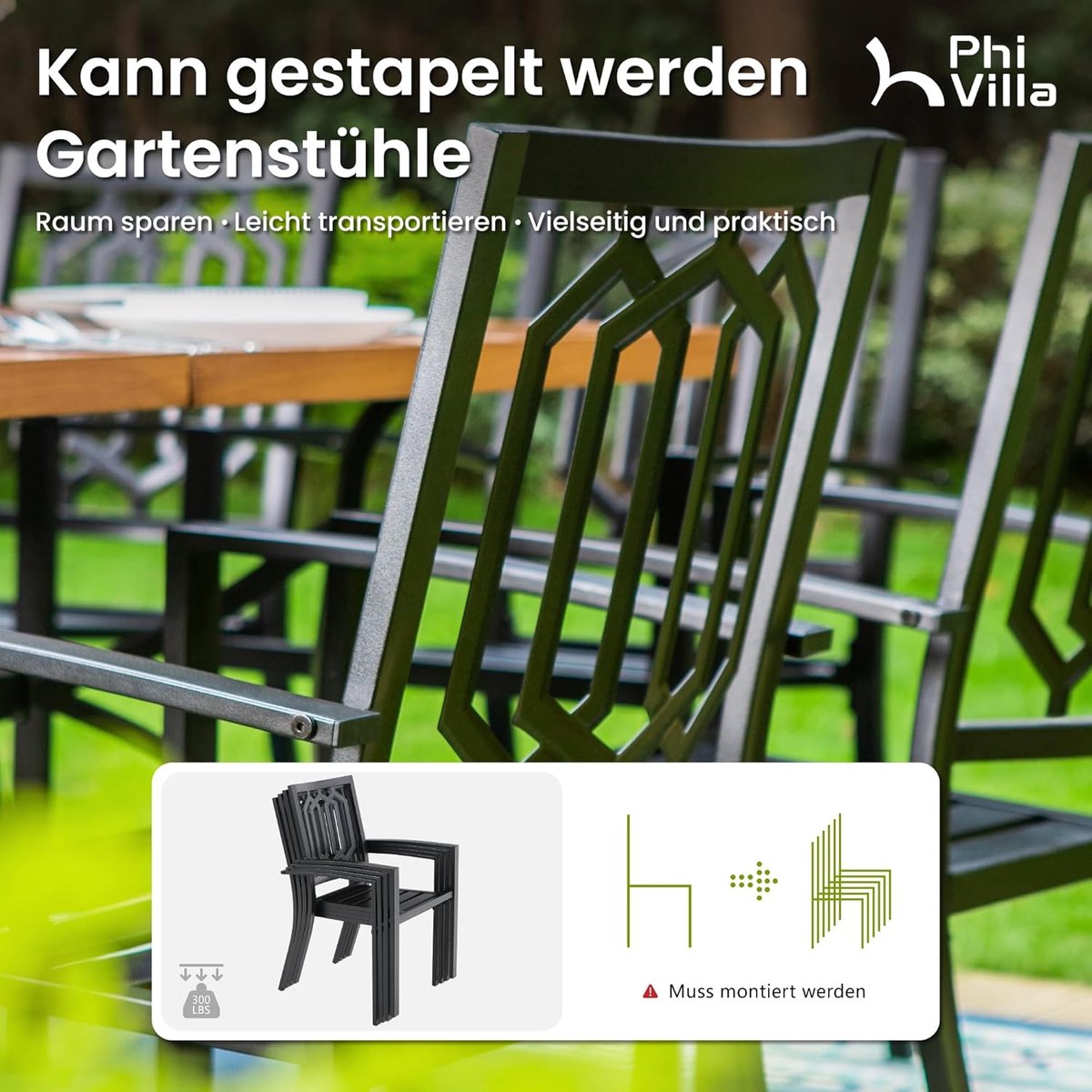 Tuinmeubelset 7-delig 170x96x74 cm – Metalen Tuintafel met 6 Stapelbare Stoelen, Weerbestendig, Parasolgat 4 cm, Modern Zwart – HomebyNicole