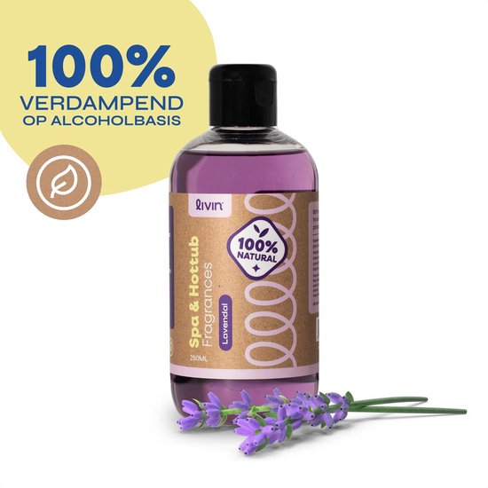 Fles lavendel spa geur met 100% op alcoholbasis, met een takje lavendel ernaast.