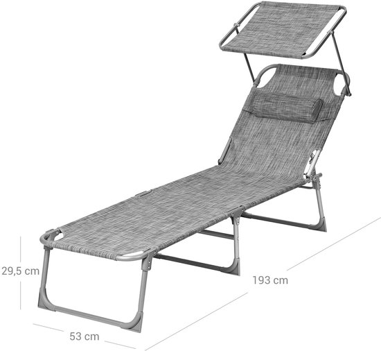 SONGMICS Zonneligstoel, ligstoel, tuinligstoel, met hoofdsteun en zonnedak, rugleuning verstelbaar, licht, inklapbaar, 53 x 193 x 29,5 cm, tot 150 kg belastbaar, tuin, balkon, grijp GCB19T van Merkloos — afbeelding 2