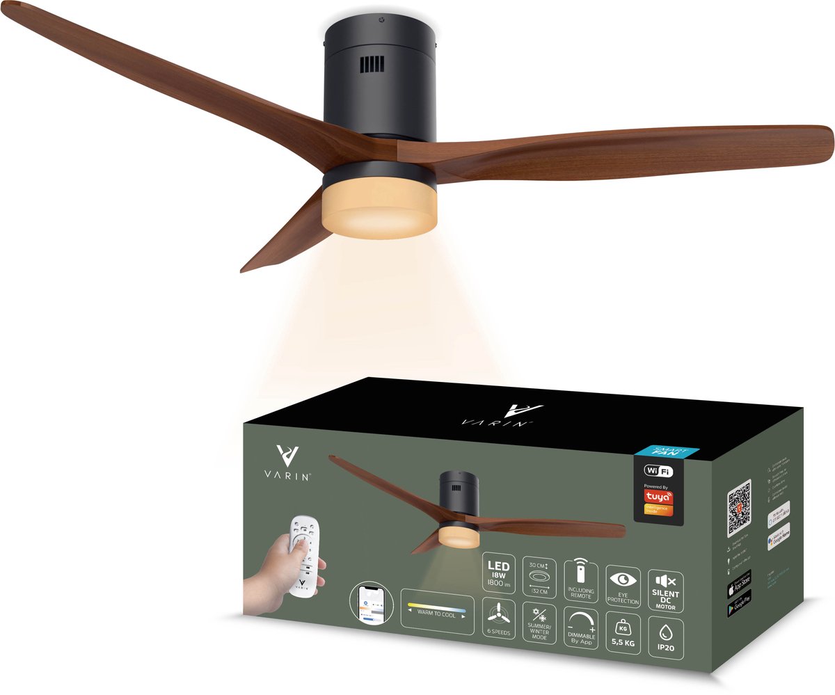 Varin® Smart Ventilator met LED verlichting - Zwart/Walnoot - Tuya Wifi - LED 18W CCT - Lange bladen - Ø 132cm - 6 snelheden - Super stil 20dB - Met afstandsbediening en gratis app - Ventilatorkachel - Ventilatoren plafond - Verkoeling en verwarming