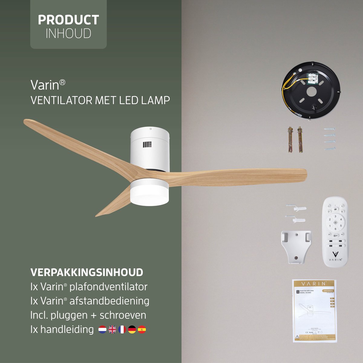 Varin® Smart Ventilator met LED verlichting - Wit/Naturel - Tuya Wifi - LED 18W CCT - Lange bladen - Ø 132cm - 6 snelheden - Super stil 20dB - Met afstandsbediening en app - Ventilatorkachel - Ventilatoren plafond - Verkoeling en verwarming — afbeelding 9