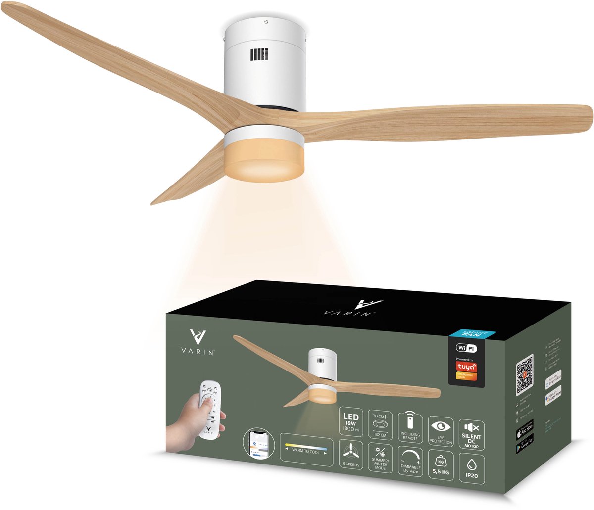 Varin® Smart Ventilator met LED verlichting - Wit/Naturel - Tuya Wifi - LED 18W CCT - Lange bladen - Ø 132cm - 6 snelheden - Super stil 20dB - Met afstandsbediening en app - Ventilatorkachel - Ventilatoren plafond - Verkoeling en verwarming