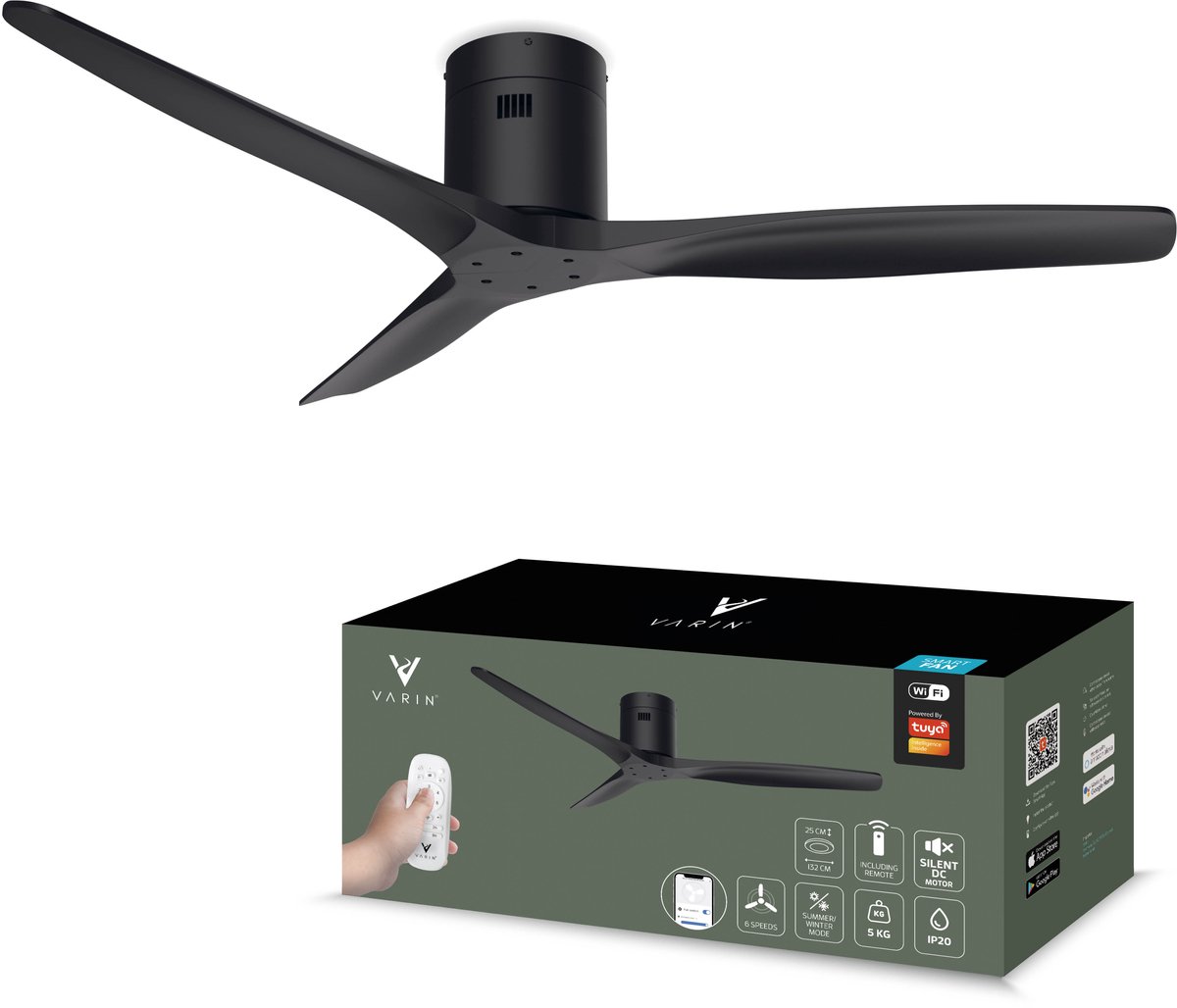 Varin® Smart Plafondventilator - Zwart - Tuya Wifi - LED CCT - Lange bladen - Ø 132cm - 6 snelheden - Super stil 20dB - Met afstandsbediening en gratis app - Ventilatorkachel - Ventilatoren plafond - Plafondventilator - Plafond ventilator slaapkamer
