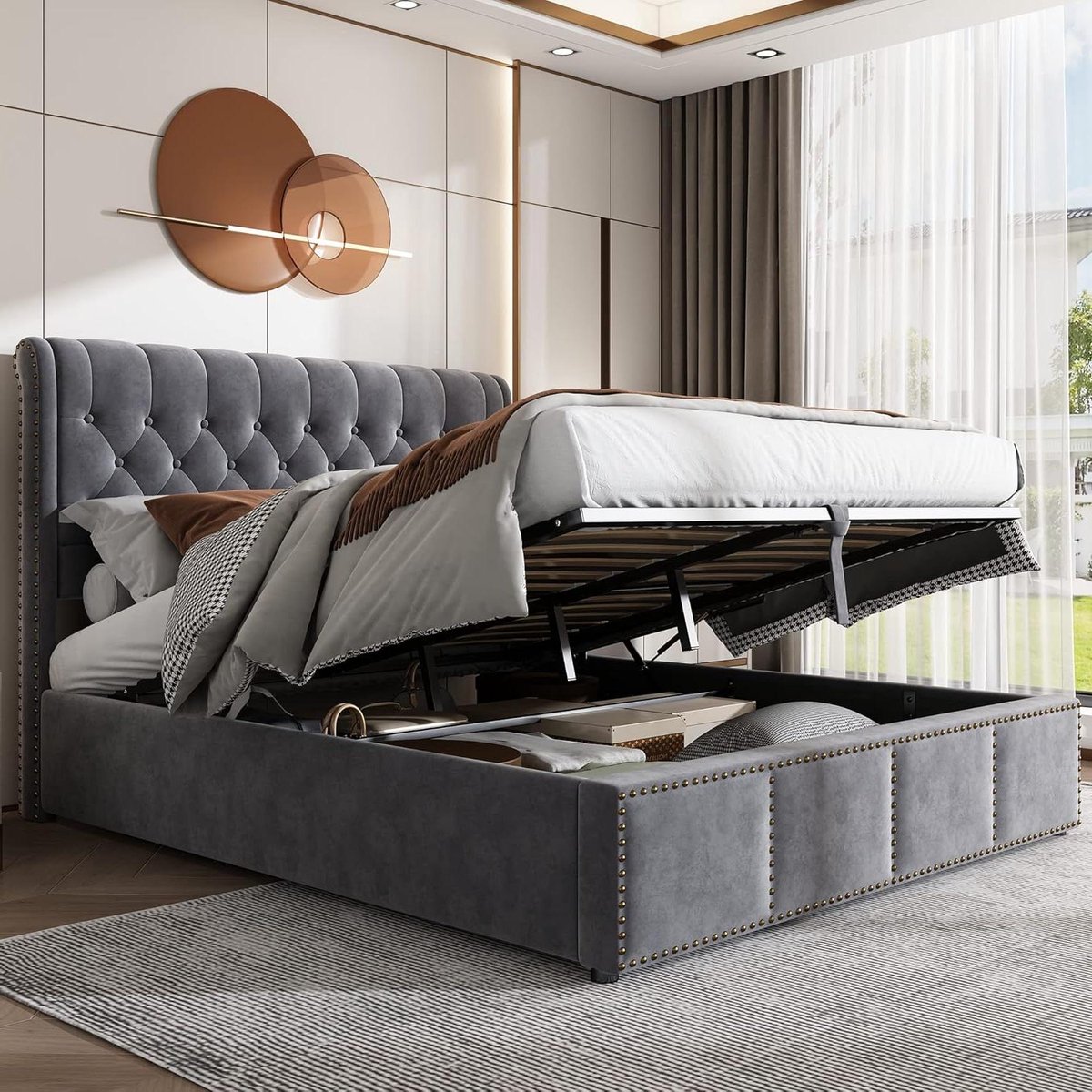 Gestoffeerd Boxbed - Bed met Lade - Slaapkamer Opbergen - Klinknagel Design - 180x200 cm - Grijs