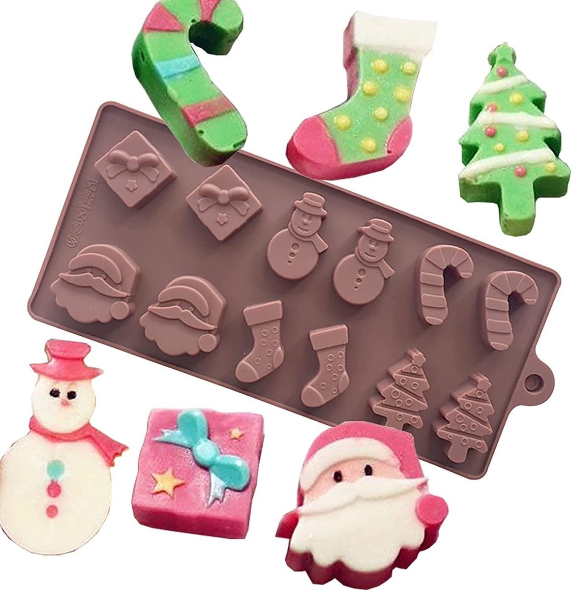 Siliconen bakvormen voor kerst met speciale patronen van kerstman, kerstboom, sokken en sneeuwpoppen voor het maken van taarten, puddingen en muffins