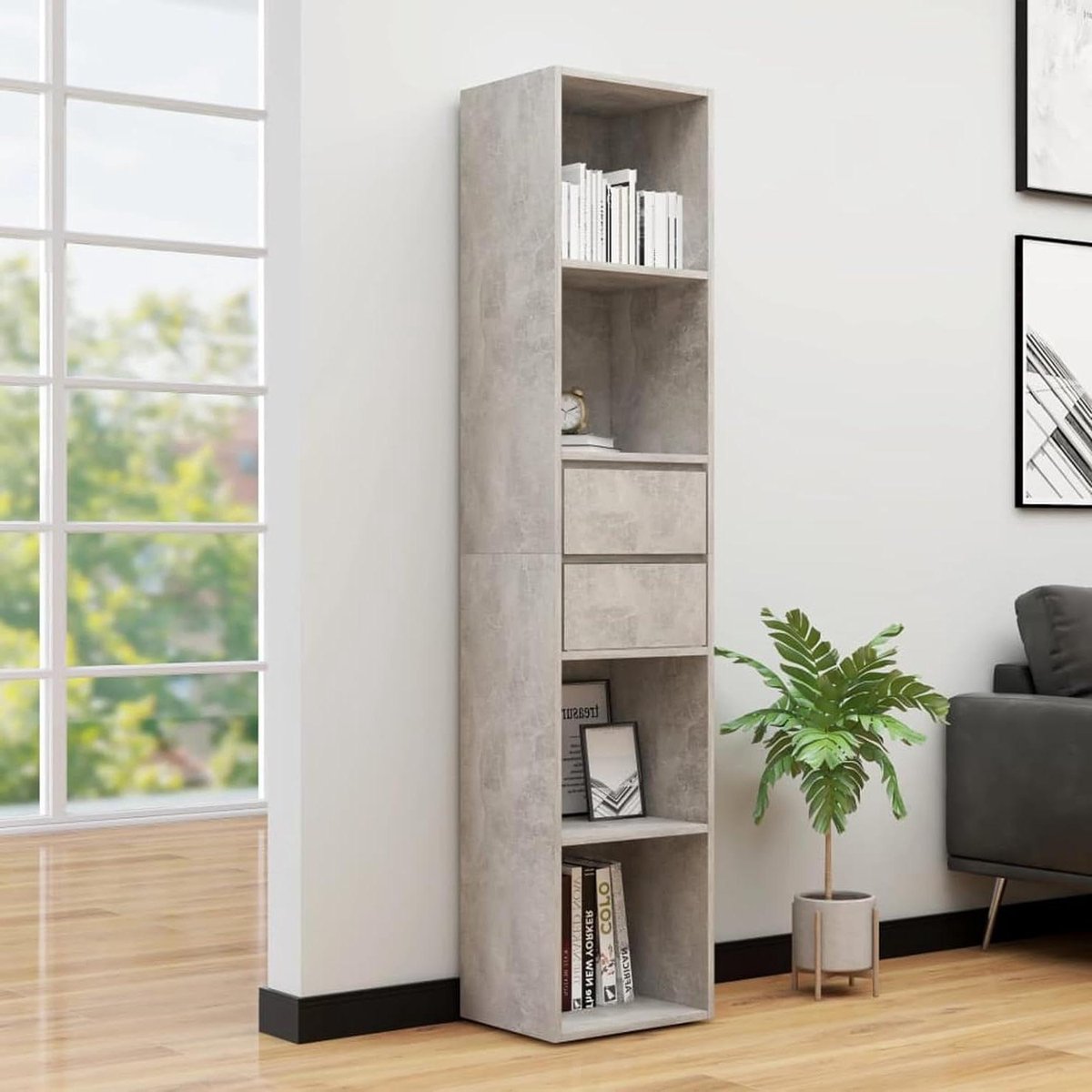 Boekenkast - Opbergkast - Woonkamer decoreren - Veel opbergruimte - 171 cm hoog - Betongri