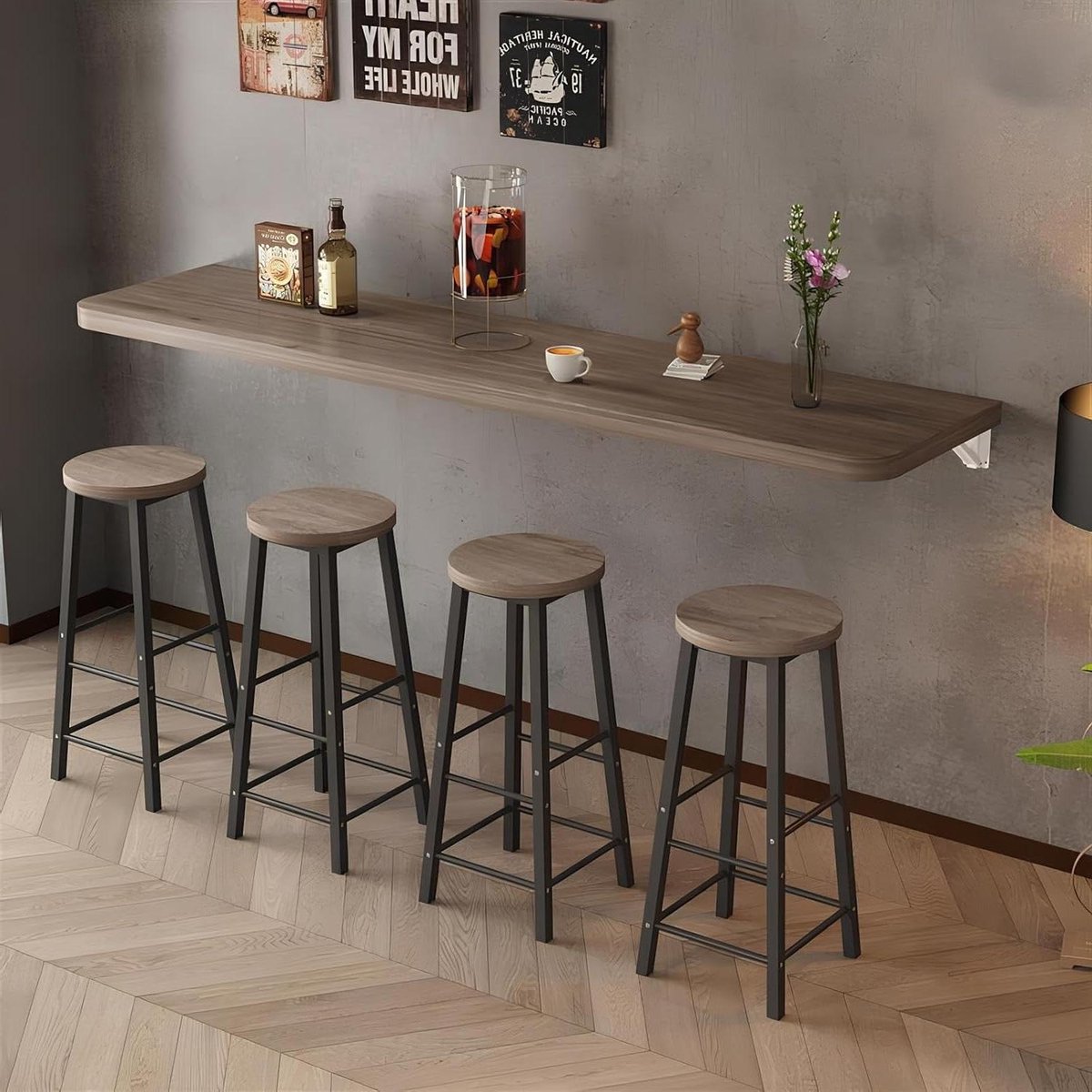 Wandklaptafel - Inklapbaar bureau - Ruimte besparen - Stabiele metalen houder - 110x40cm - Grijs eiken