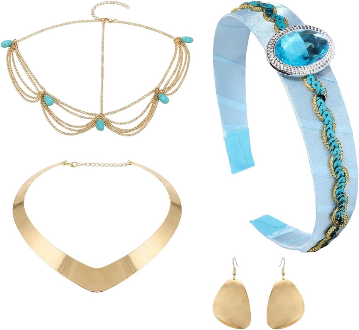 Vrouwelijke Prinsessen Kostuum Accessoires met Blauwe Haarband, Gouden Oorbellen, Ketting en Frontal Chain voor Cosplay, Carnaval en Feestjes