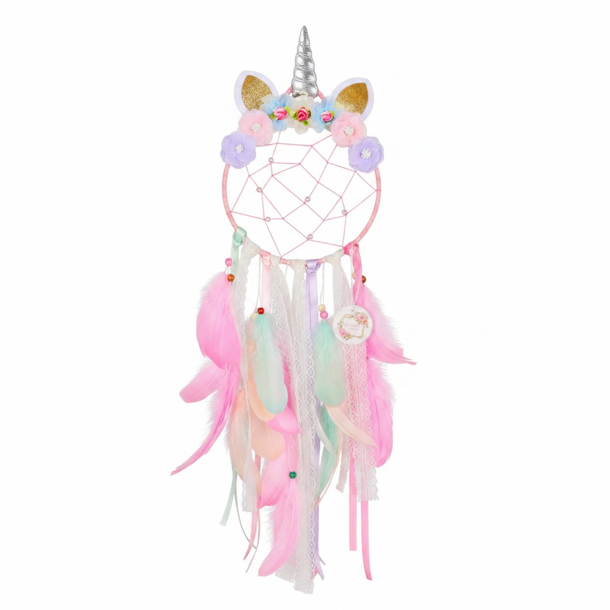 Unicorn Dromenvanger Meisjes – Roze Dreamcatcher met Veren & Bloemen – Wanddecoratie Kinderkamer – Cadeau voor Meisjes