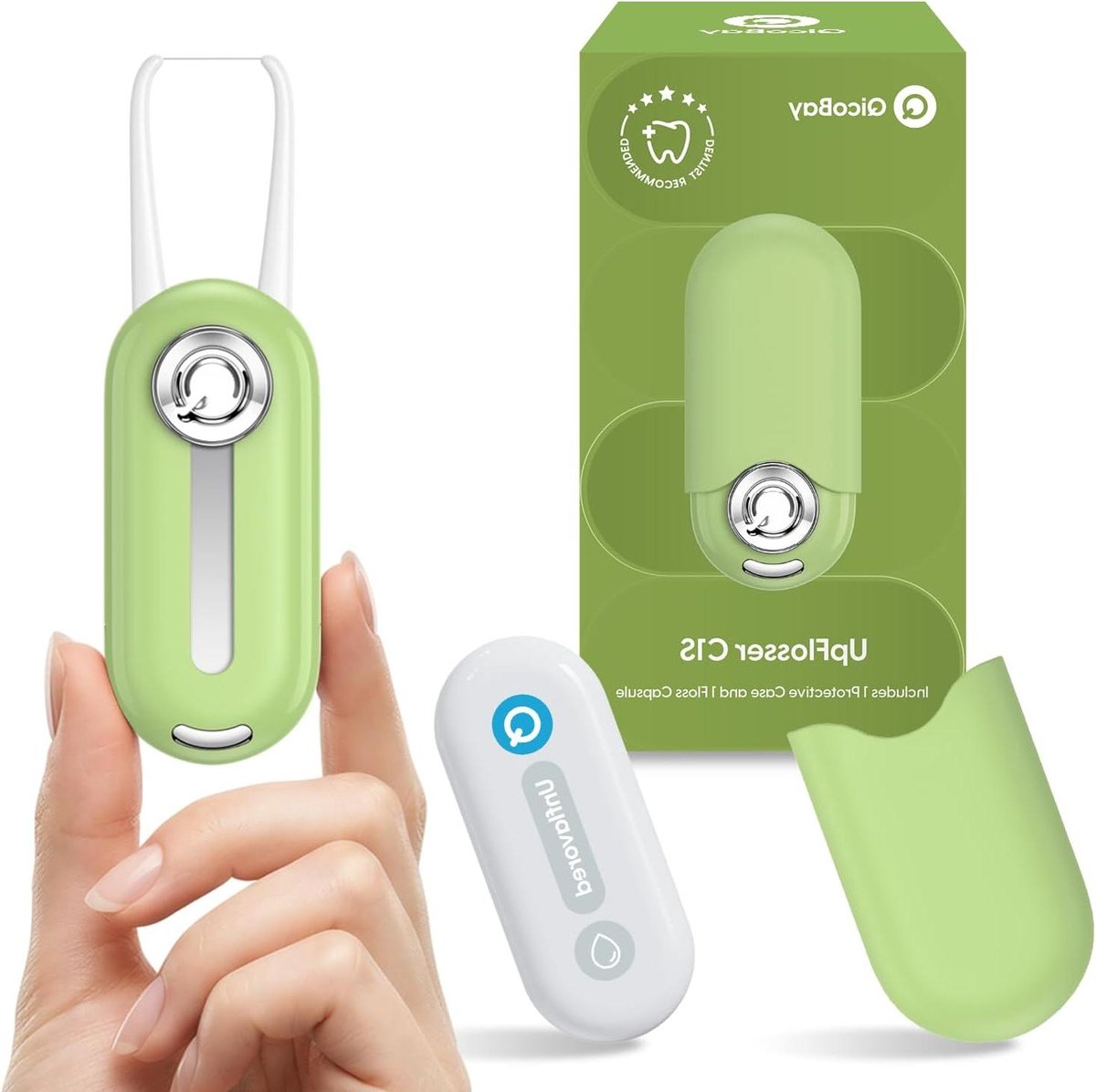 Herbruikbare flosserset - Automatische flosser - Mondverzorging onderweg - Zilverionen ontsmetting - 1 capsule = 90 plectrums - Rifgroen