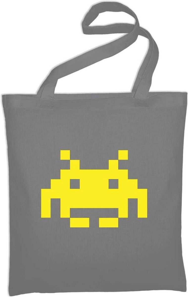 Jute Shopper - Katoenen Tas - Boodschappen Doen - Space Invaders Print - 38 x 42 cm - Lichtgrijs