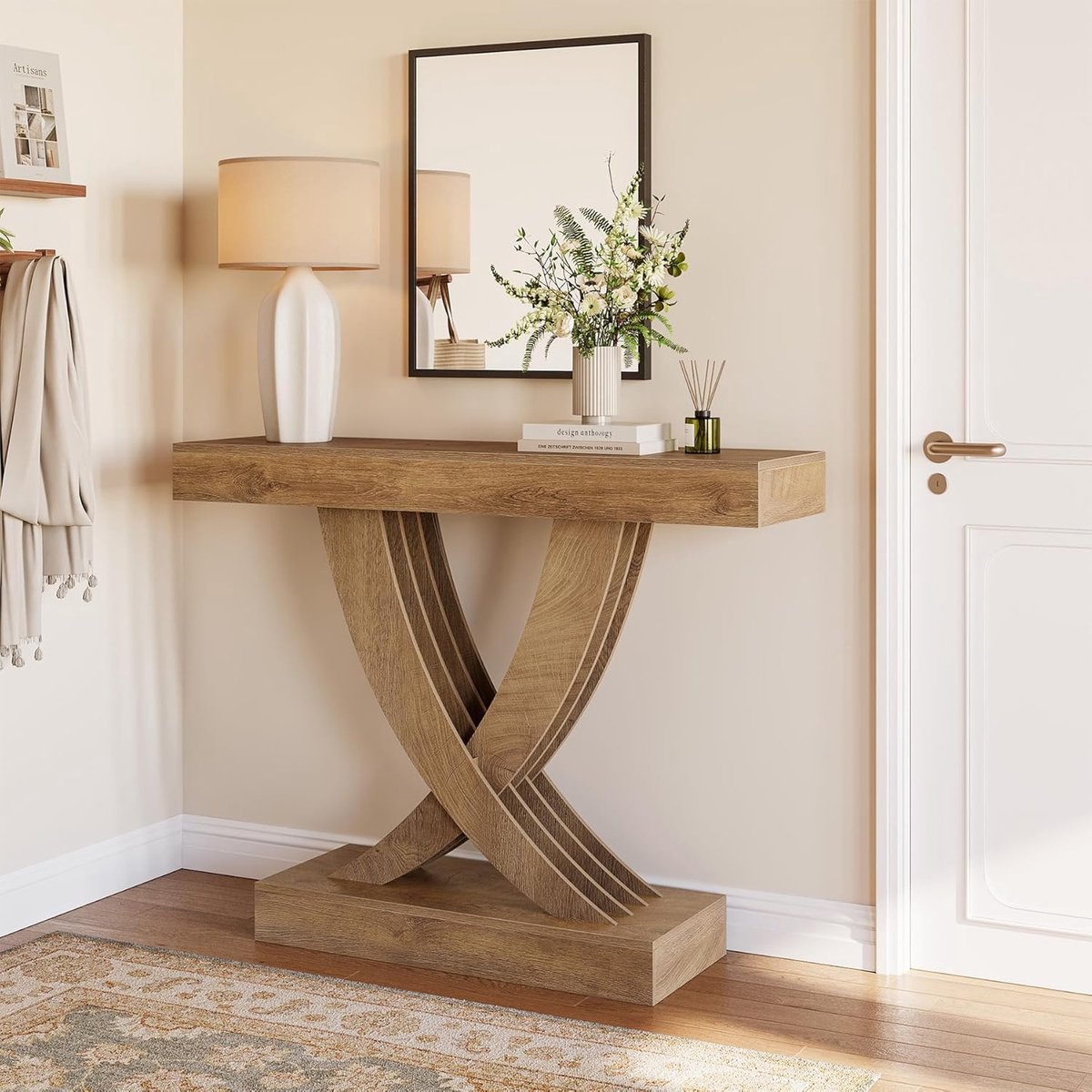 Consoletafel 110x30x85 cm – Smalle Haltafel in Rustieke Boerderijstijl met X-Vormig Houten Frame – Moderne Entreetafel / Banktafel / Gangtafel voor Kleine Ruimtes – Bruin – Dader