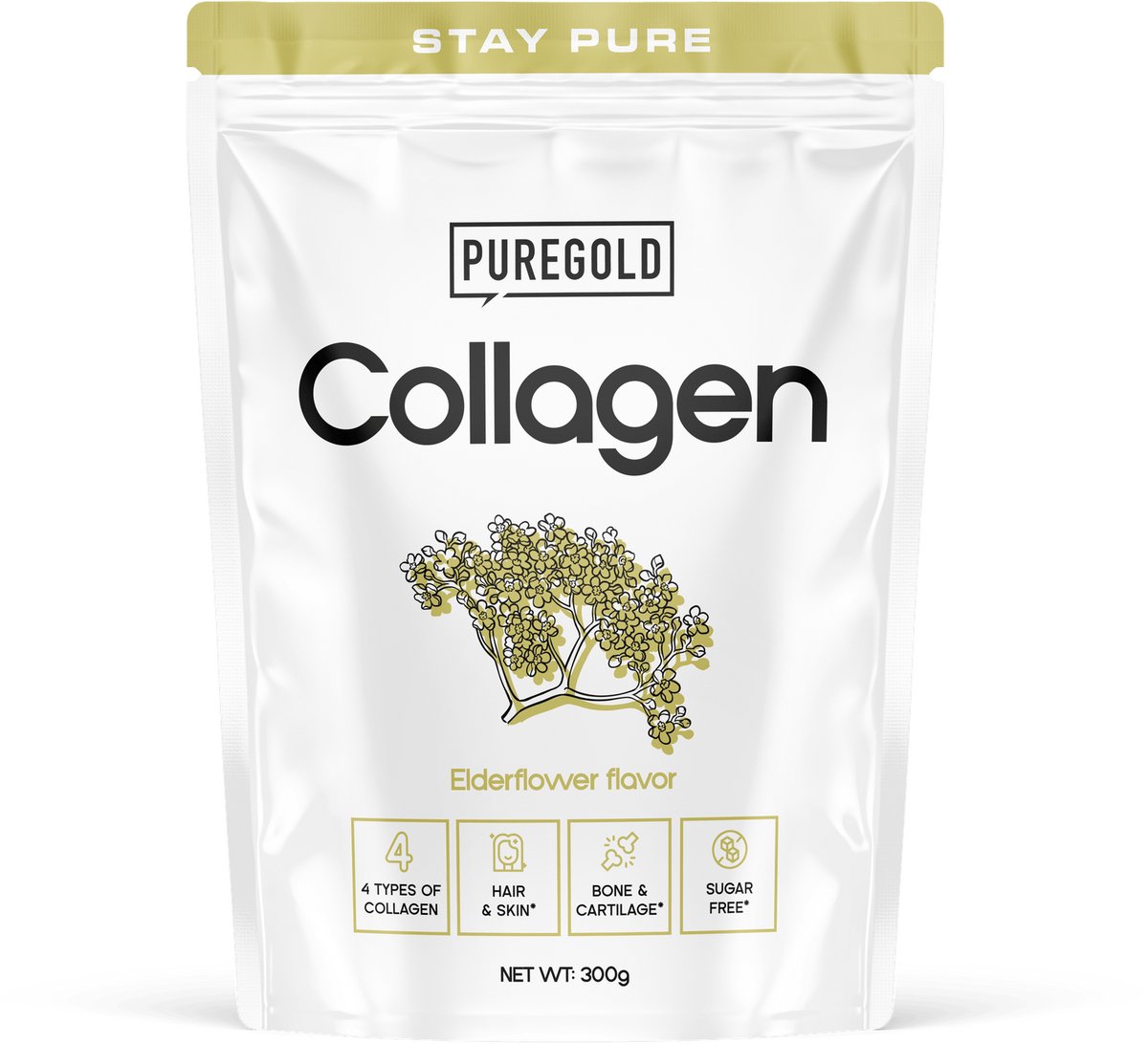 Pure Gold Collagen Rundercollageen Poeder – 300g – Vlierbloesem – 25 Porties – 4 Types Collageen met Vitamine C, A, Zink & Selenium