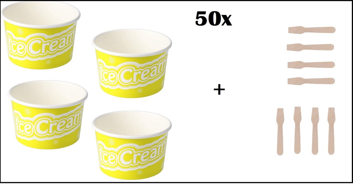 50x IJsbeker IceCream 240ml lime/geel karton + 50x Houten ijslepel - schepijs softijs ijsje zomer beker ijs warm weer fun