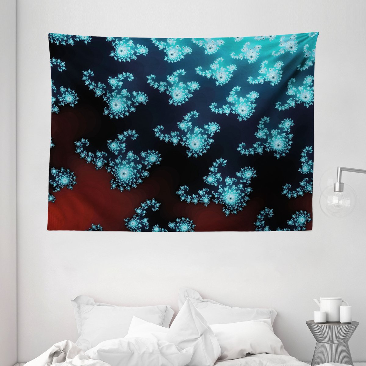 ABAKUHAUS Fractaal Wandtapijt en Sprei, Psychedelische Verdraaide Vormen, 230 x 140 cm, Turquoise Bordeaux Turkoois Bordeauxrood