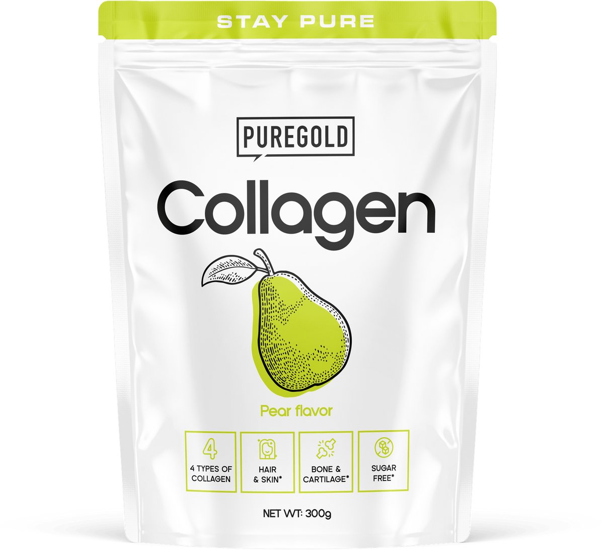 Pure Gold Collagen Rundercollageen Poeder – 300g – Peer – 25 Porties – 4 Types Collageen met Vitamine C, A, Zink & Selenium