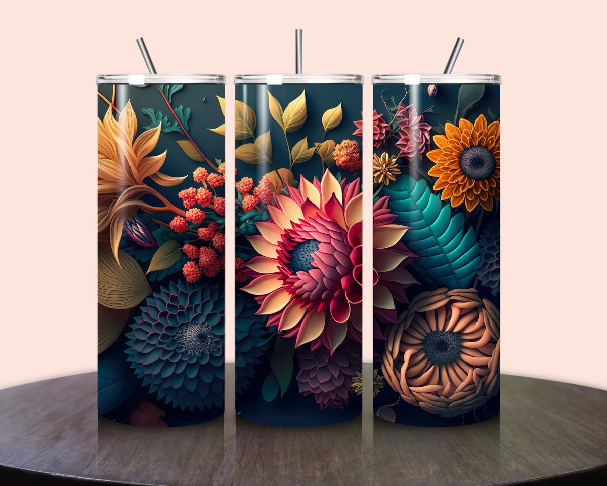 Jacintha's kadowinkeltje - Tumbler 3D bloemen - Roestvrijstalen Tumbler - Geïsoleerde drinkbeker - 600ml - Warme en koude dranken - RVS rietje - To go beker - Kinderen - Volwassenen