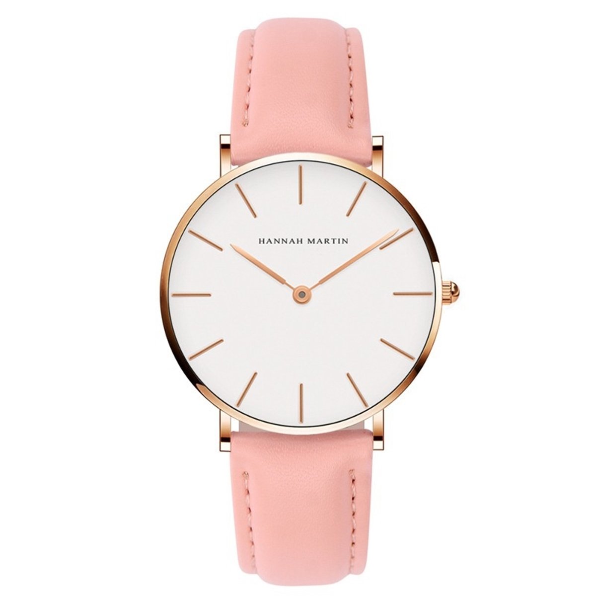 HANNAH MARTIN horloge met roze lederen polsband, witte wijzerplaat, gouden horlogekast en gouden wijzers voor dames met stijl ( model CB36 FF )