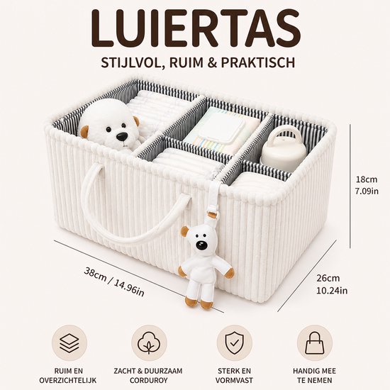 Opvouwbare Luiertas Organizer Bruin - Corduroy Luiermand met Vakken en Verdelers - Baby Opbergmand voor Luiers, Doekjes en Accessoires - Draagbare Nursery Caddy - Wit van Merkloos — afbeelding 4