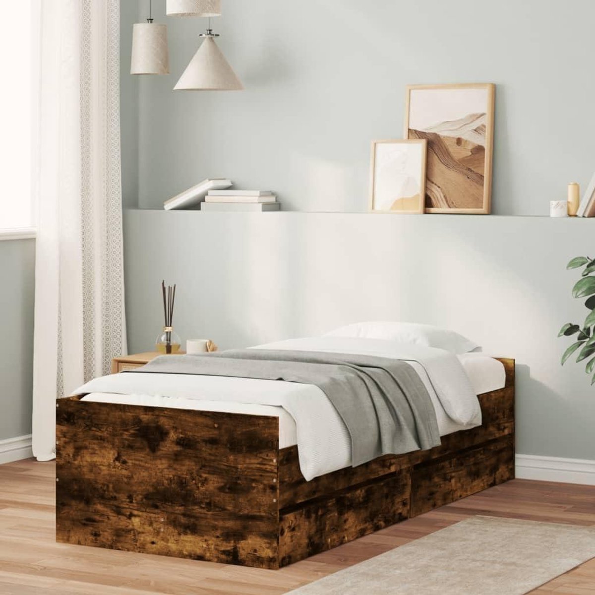 Bedframe met laden - Platformbed Eenpersoons - Slaapkamer Opbergen - Duurzaam Gemengd Hout - 75 x 190 cm - Gerookt Eiken