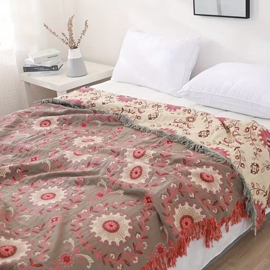 KZQ 100% Katoen Deken Boho Ultra Zacht, Omkeerbare Deken met Dubbelzijdige Vogel en Bloem Borduurwerk, 150 x 200 cm Ademend All Seasons Dekbed voor Bank Bed, Sprei met Franjes, Lichtgewicht Decoratie Hondenkussen Stijl 5