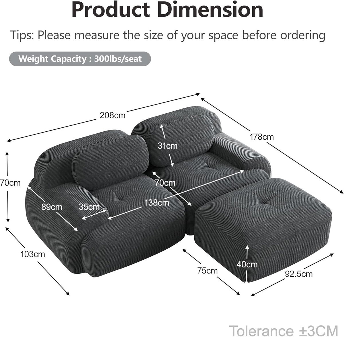 Modulaire Hoekbank L-vorm – Arqam Cloud Sofa Ribfluweel – 3-Zits Slaapbank met Ottoman – Zonder Montage – Moderne Corduroy Bank – Grijs – 208x178 cm