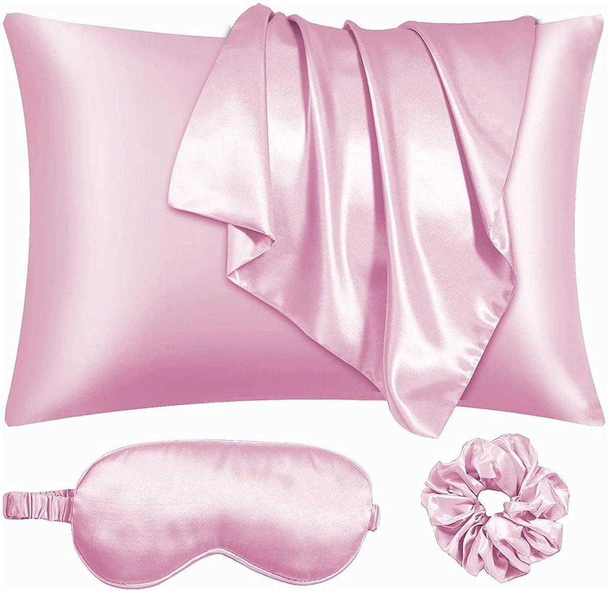 SVGCommerce - Luxe Satijnen Hoofdkussenslopen - Voor Haar en Huid - Inclusief Scrunchies en Oogmasker - Roze - Zacht en Glad - Ademend Materiaal - Ges