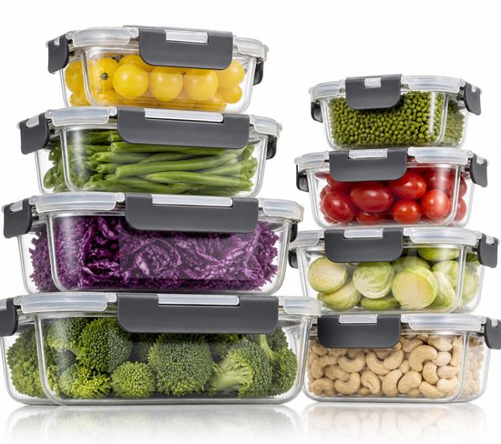 Contenants de préparation de repas Organess - Boîtes de conservation - Contenants de congélation - Ensemble de 8 pièces - Sans BPA - Glas - Couvercle sans BPA