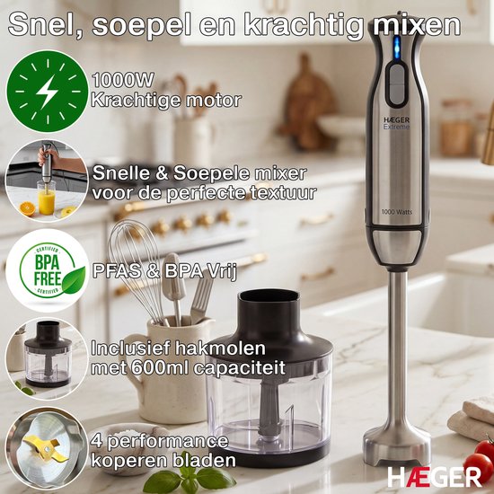 Haeger Extreme Chopper Staafmixer - Inclusief Mengbeker - Regelbare Snelheid - Krachtig 1000W - Hand Blender - Zilver van Haeger — afbeelding 2