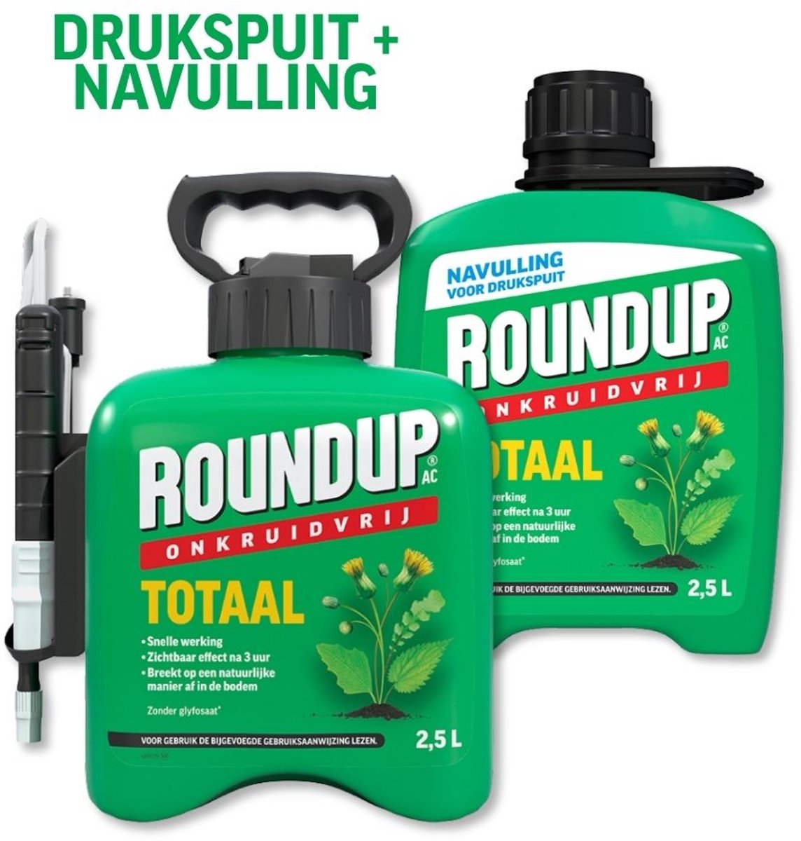 Roundup Totaal Onkruidvrij - 2,5L incl. drukspuit en 2,5L navulling - 5L voor 50m² - Onkruidverwijderaars zonder glyfosaat - Kant en Klaar