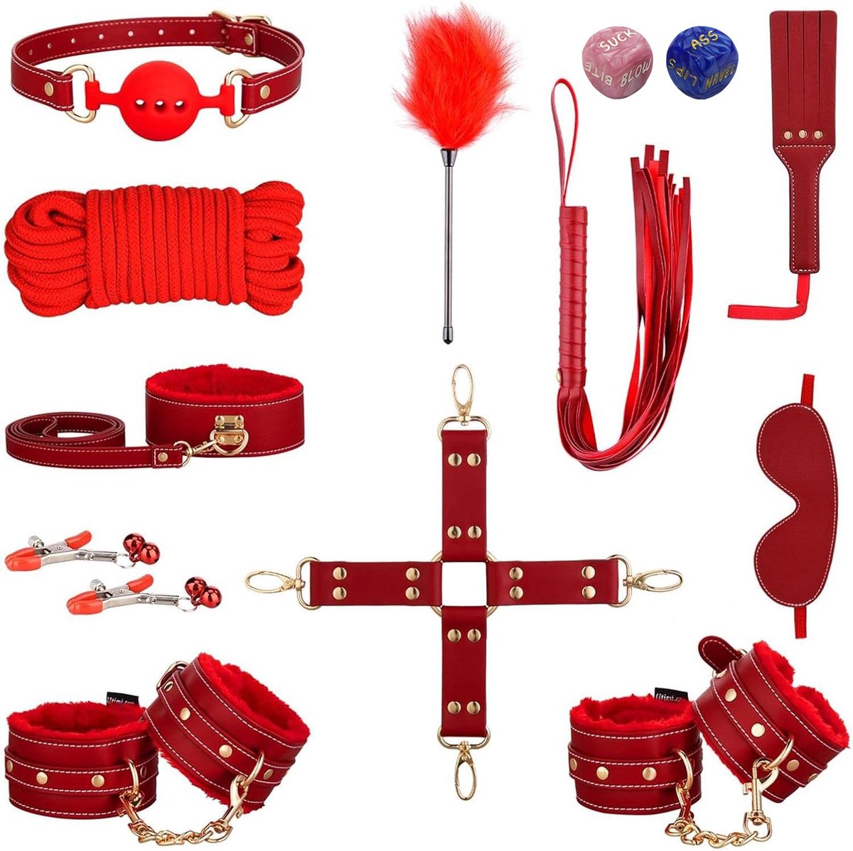 DOWO® - BDSM Extreme Bondage Set - 16 Delig - Erotische Dobbelsteen - SM Handboeien - Zweep / Veer / Zweepje - Sex Toys voor Koppels - Seksspeeltjes voor Mannen en Vrouwen - Sex Pakket en Toys - Rood