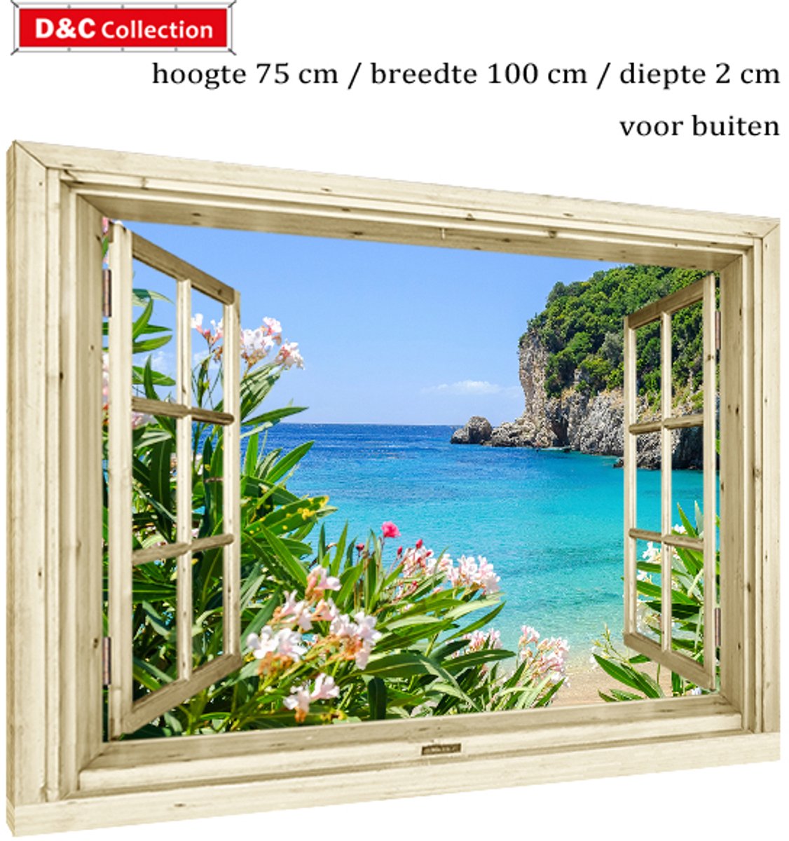 D&C Collection Doorkijk venster bloemen tuinposter op gespannen - 75x100x2 cm - canvas - uitzicht op bloemen, zee, bergen, nostalgisch venster - tuinschilderij - tuindoek roze, groen