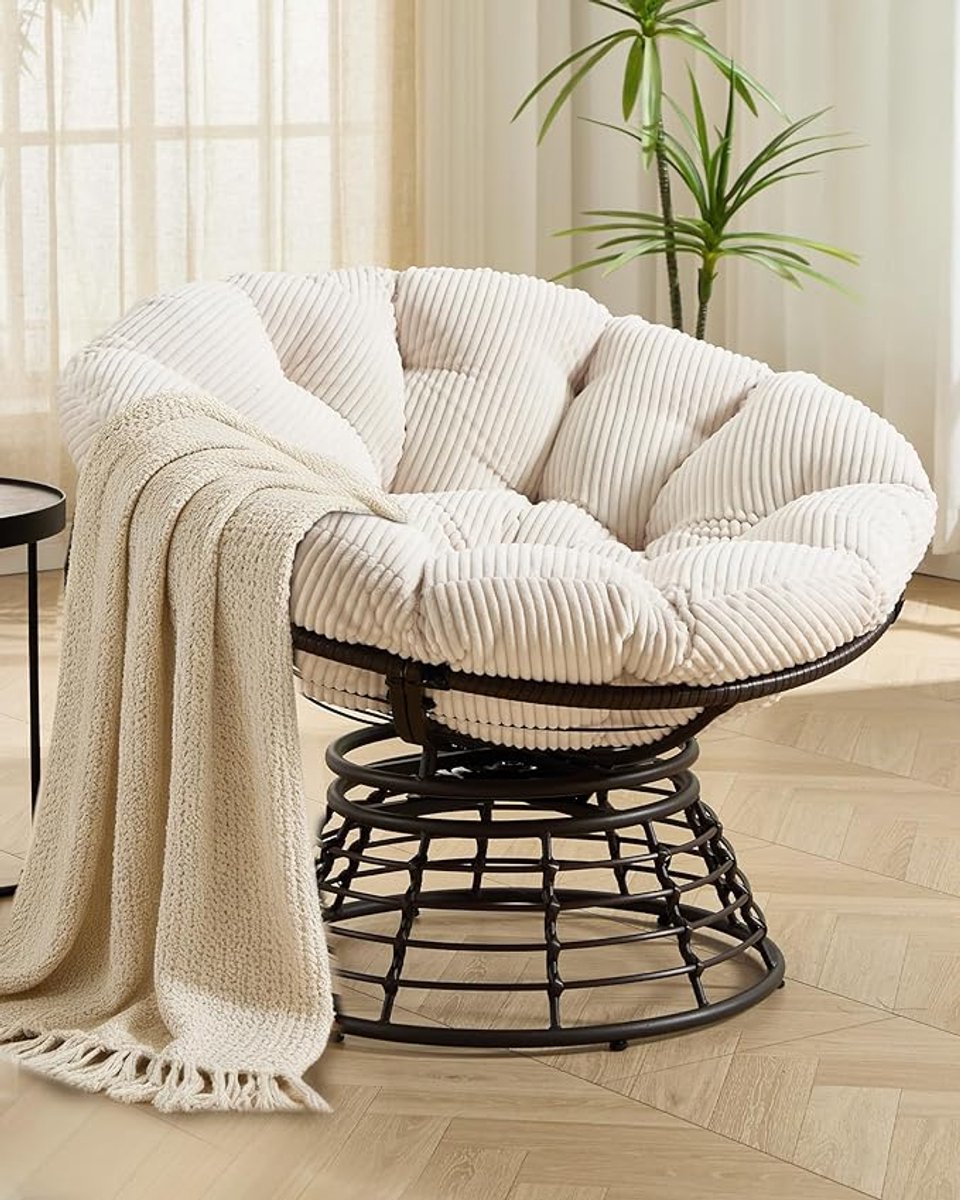Papasan Stoel 91 cm – Ronde Draaistoel met 360° Rotatie en Dik Cord Kussen, Luxe Rattan Lounge Stoel voor Woonkamer, Balkon en Tuin Khaki – Dader