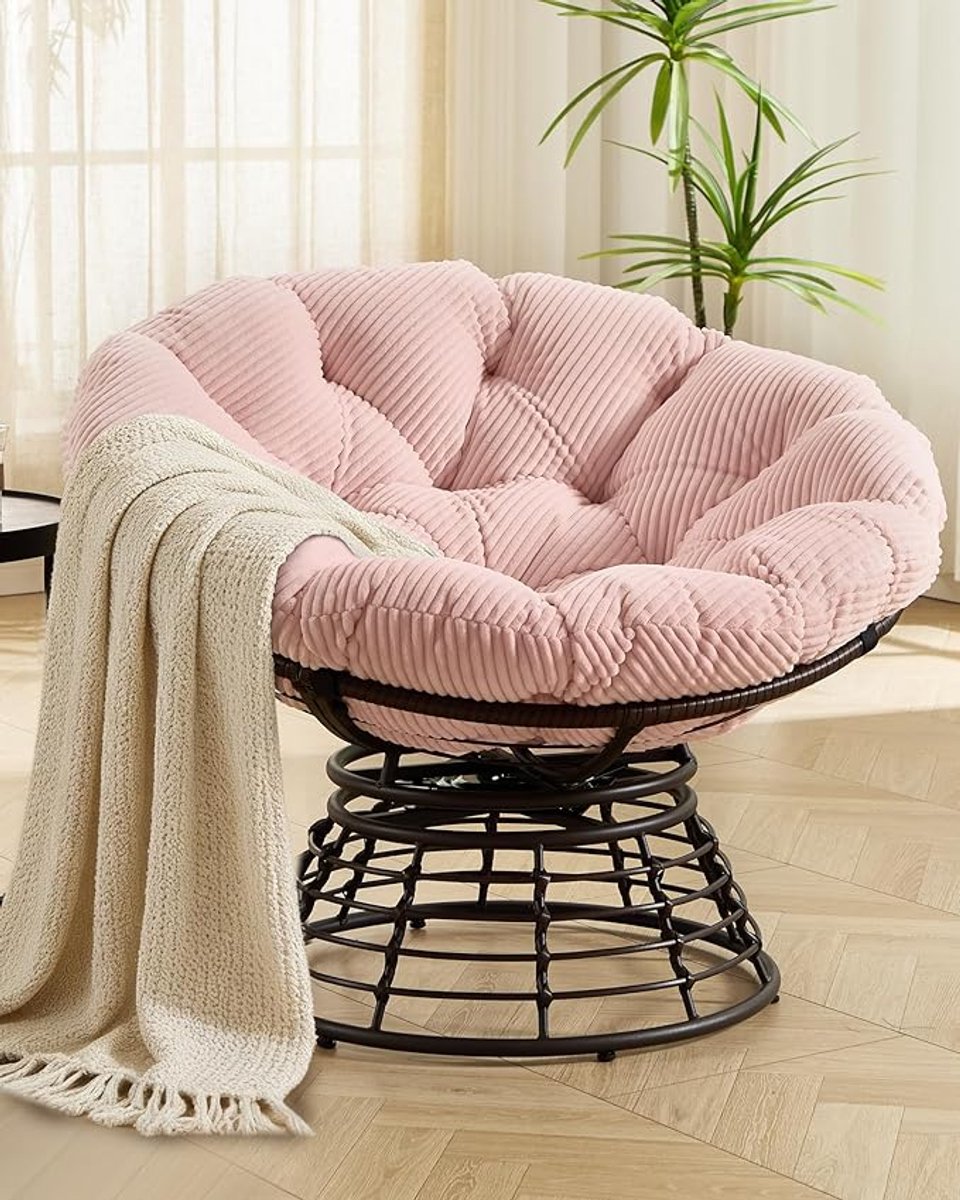 Papasan Stoel 91 cm – Ronde Draaistoel met 360° Rotatie en Dik Cord Kussen, Luxe Rattan Lounge Stoel voor Woonkamer, Balkon en Tuin Khaki – Dader